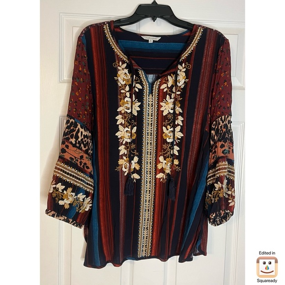 John Mark Floral Striped Embroidered Blouse - Picture 3 of 7